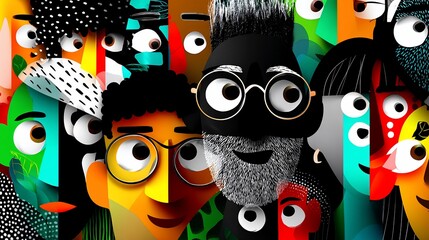 Diverse faces clustered together, vibrant colors, stylized illustrations, unique expressions