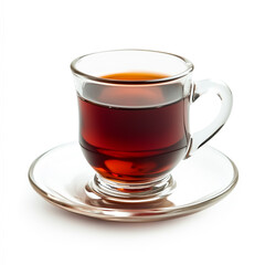 Photo of Turkish black tea in a glass cup with a saucer on a white background