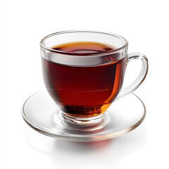 Photo of Turkish black tea in a glass cup with a saucer on a white background