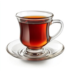 Photo of Turkish black tea in a glass cup with a saucer on a white background