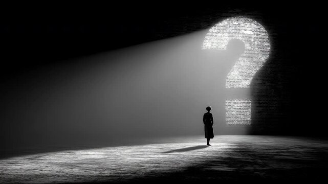Silhouetted woman stands in spotlight facing a towering illuminated question mark on a dark brick wall, evoking introspection and existential uncertainty in stark black-and-white light.
