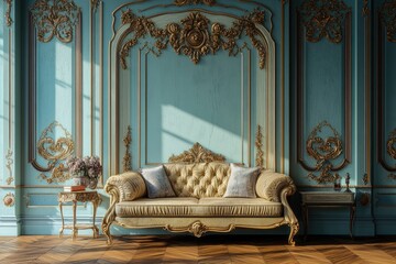 Luxurious antique room with a light beige sofa