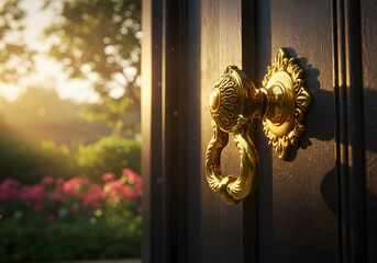 Golden door knob in sunlit garden entrance