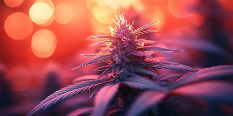 Close-up of a colorful cannabis plant bud with visible trichomes and serrated leaves in vibrant purple and pink hues under warm glowing blurred lights