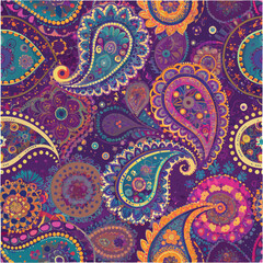 Colorful Bohemian Paisley Pattern – Vibrant and artistic paisley teardrops filled with multicolored florals, dots, and abstract shapes in a seamless boho-inspired design.