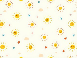 Obraz premium A fun doodle-style pattern featuring tiny happy characters, including smiling suns, stars, and clouds, drawn in a quirky and colorful style