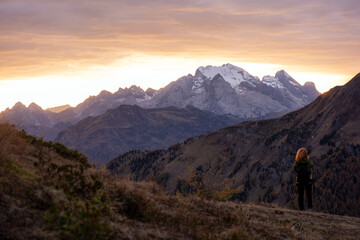The specular landscape of  Passo Giau between sunset in Autumn season, Dolomite, Italy.
