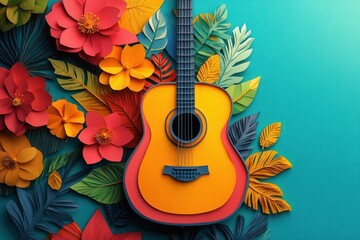 Bright yellow acoustic guitar surrounded by colorful paper-crafted flowers and leaves on a turquoise background evoking creativity and cheerfulness