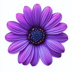 Obraz premium Close-up of a vibrant purple daisy flower with detailed petals and a textured center on a white background