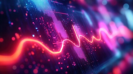 Abstract digital display of fluctuating neon red and pink waveforms on a futuristic dark blue and purple grid background conveying data flow and technology energy