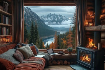 Cozy wooden cabin interior with comfortable seating, warm fireplace, and large window revealing scenic mountain lake view with autumn trees and cloudy sky