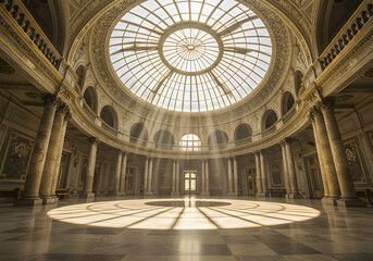 Grand interior hall with circular skylight and architectural details