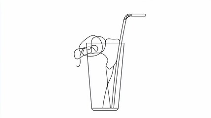 Drink in tall glass cube ice, fruit garnish, and straw. Line art illustration