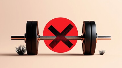 Dumbbell with a red cross over it, next to small plants on a tan surface