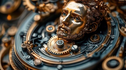 Close-up view of a complex metallic mechanical gear system with gold and silver tones showing intricate interlocking parts and fine craftsmanship