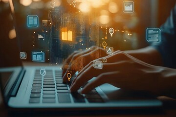 Close-up of hands typing on laptop keyboard with floating digital icons and data visualization representing technology and data analytics in warm light