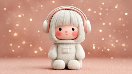 Cute Chibi Astronaut Girl Listening to Music with Headphones on Pink Background