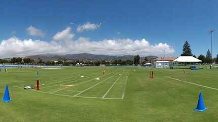 Obraz premium Comprehensive panoramic view of a professional track and field training ground featuring javelins