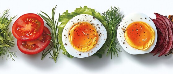 Egg halves with tomatoes, leafy greens and beetroot against a white background