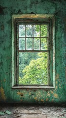 Decaying window, verdant view