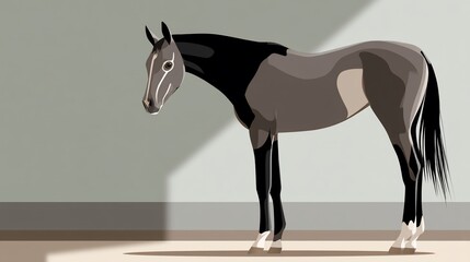 Elegant gray horse stands serenely with sleek dark mane and tail, in simple setting