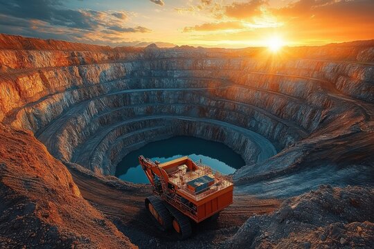 Large open-pit mine with terraced circular excavation and heavy orange mining machinery under a vibrant sunset sky