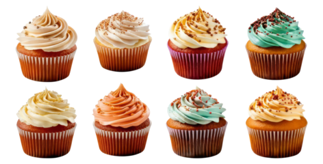 Delicious Assortment of Colorful Cupcakes with Creamy Frosting Toppings, Isolated on Transparent, white background