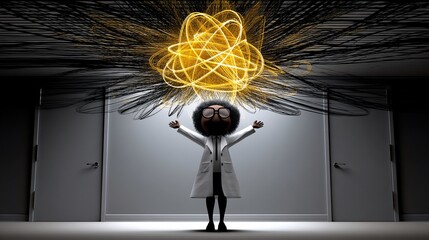Excited figure in lab coat, arms raised, glowing energy above, doors behind