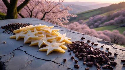 Arrangement of Starfruit Slices and Seeds on Stone Table with Blossoms