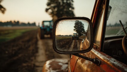 Tractor reflection in vintage truck mirror rural