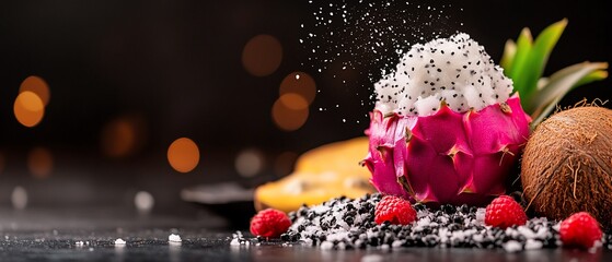 Exotic fruits dragon fruit, coconut, raspberries against dark background