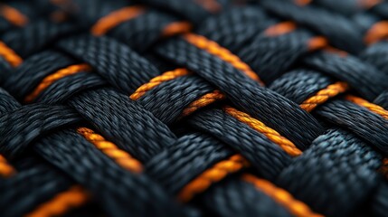 Close-up woven black fabric with orange threads