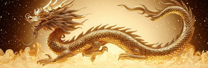 Obraz premium majestic golden dragon with detailed scales and fierce expression flying through sparkling golden clouds in a glowing radiant background