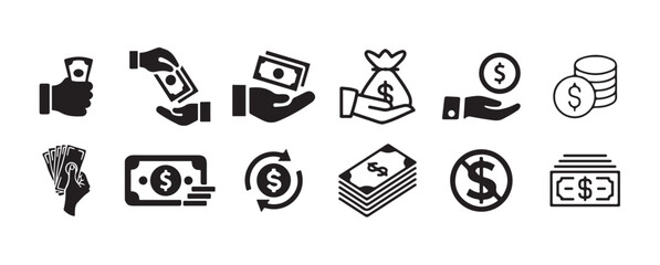 Money and Currency Icon Set – Dollar, Euro, Coins, Cash Stack, Payment, Transfer, Banking & Finance Vectors.
