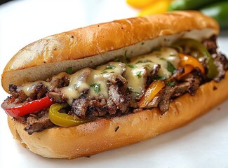 Close-up of a grilled steak sandwich with melted cheese, sautéed bell peppers, and a toasted hoagie roll, showcasing a hearty and delicious meal