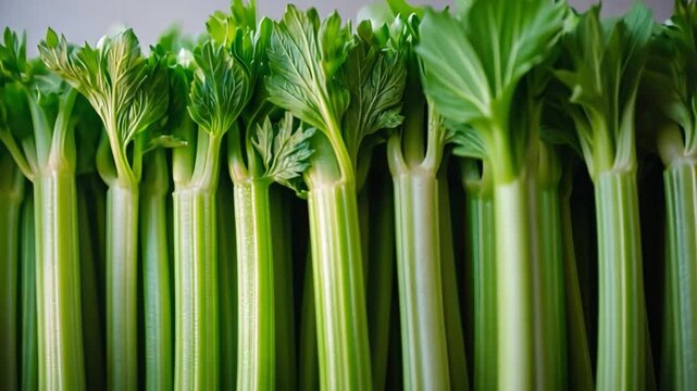 Fresh Celery Stalks: A vibrant close-up showcases rows of fresh celery stalks, capturing their crisp texture and verdant hues, highlighting their raw beauty and natural appeal.