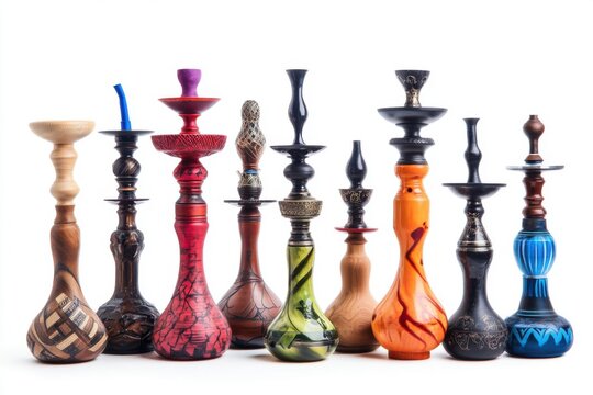 Set of hookahs shishas isolated on white background showcasing traditional smoking devices with detailed design