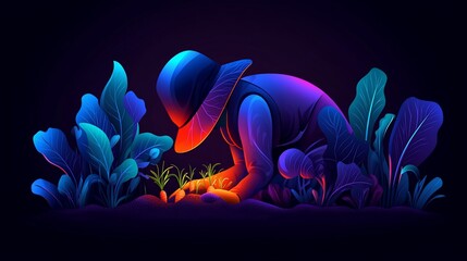 Farmer tending plants. Dark background with vibrant blue, red, and purple light