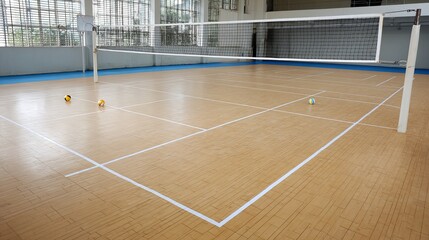 Professional outdoor volleyball court with clearly marked boundary lines, central net setup, and scattered volleyballs on sand ground, ideal for competitive or recreational sports training and games.
