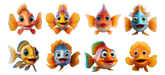 Obraz premium Colorful Cartoon Fish Characters with Happy Expressions and Detail, Isolated on Transparent, white background