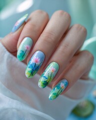 Delicate Floral Watercolor Nail Art on Hand with Pastel Background

