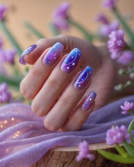 Galactic Nail Art with Purple Flowers and Wooden Base

