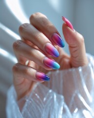 ibrant Pink-to-Blue Gradient Nail Art on Hand with Soft Fabric Background

