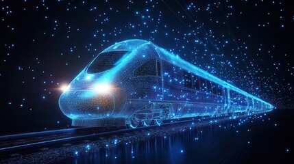 Futuristic digital train speeding, dark background, data particles, transportation tech