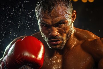 Intense muscular boxer with red glove focused and ready to fight with sweat flying in dramatic lighting