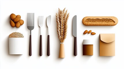 Flat lay of food items including grain, wheat, almonds, silverware, and packaging