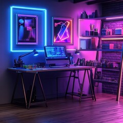 Creative workspace with neon lights. Modern setup for design and development with artwork on the wall