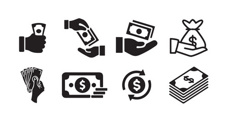 Hand Holding Money Icons – Cash Payment, Dollar Bag, Currency Exchange, Financial Transaction Symbols.