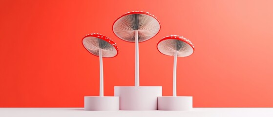Fly agaric mushrooms stand tall on white platforms against a vibrant red backdrop