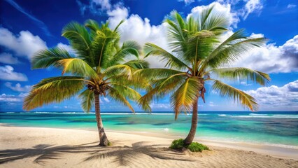 Obraz premium Palm trees sway in tropical ocean breeze on secluded white sandy beach, male and female palm trees, hawaiian landscape